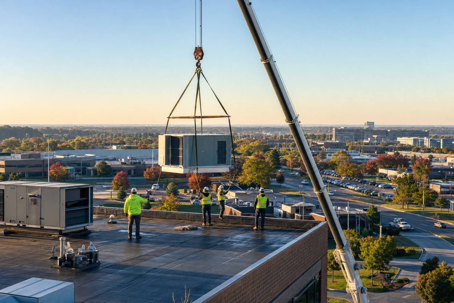 Crane lifting a commercial rooftop unit during replacement