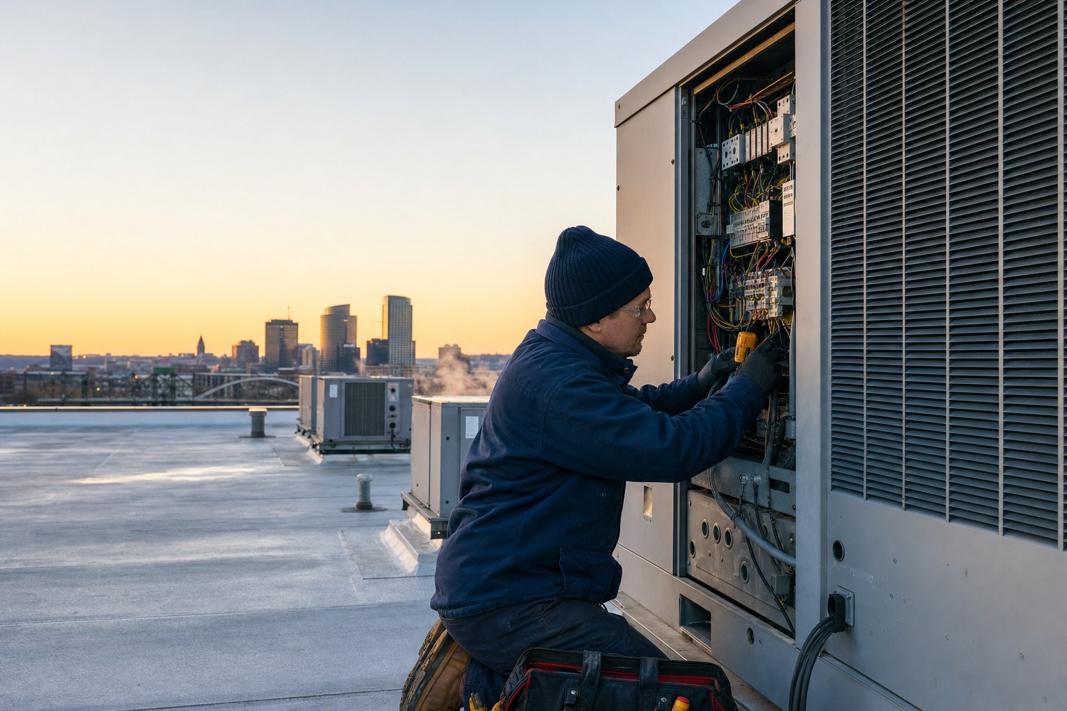 Technician servicing a commercial rooftop unit at dawn