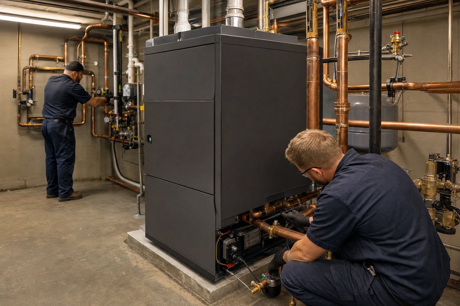 Commercial boiler being installed in a church mechanical room