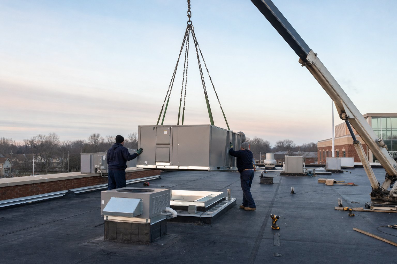 Commercial rooftop units being replaced at a medical office