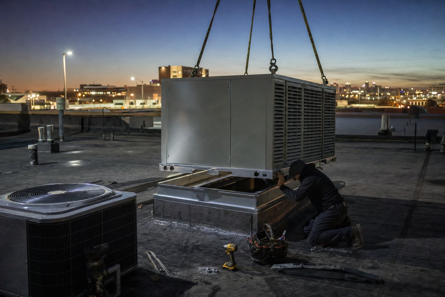 Rooftop unit being installed after hours at a restaurant