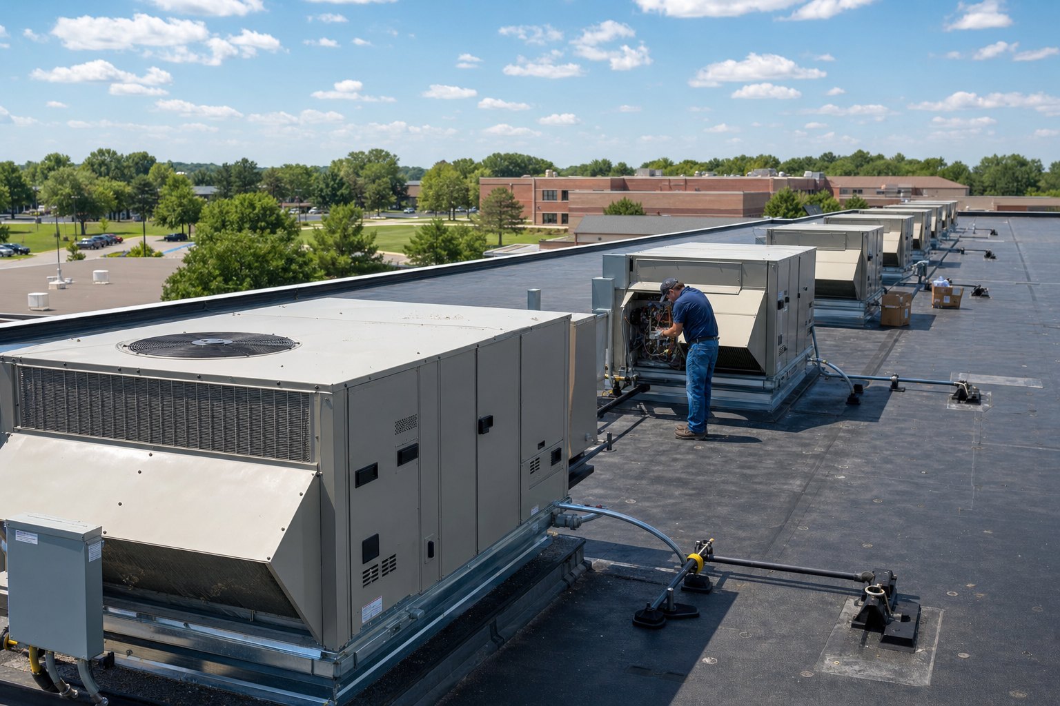 New rooftop units on a school roof during summer break